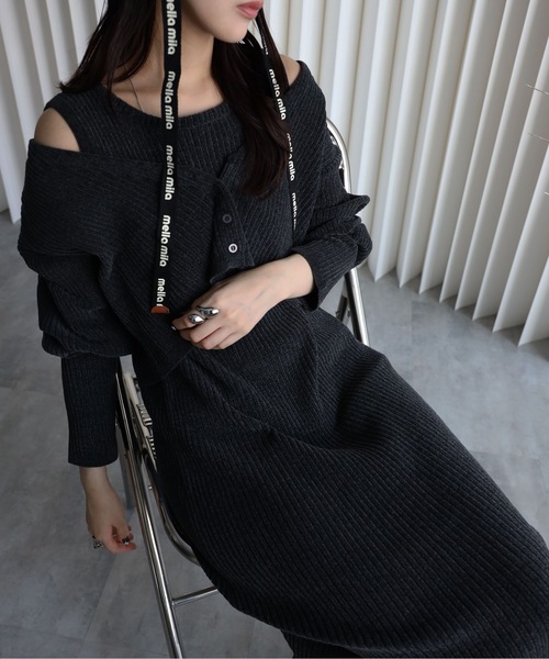 セール】【ベロアニットワンピース＋ショートカーディガン】セット