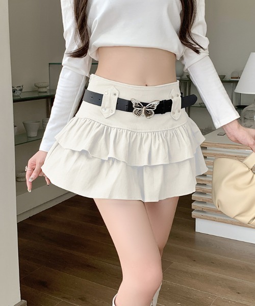 Silly(シリー)の「ベルト付きウエスタンフレアスカート(デニムスカート・レディース・ブラック/カーキ/ホワイト・SMALL/MEDIUM)」の2枚目の写真