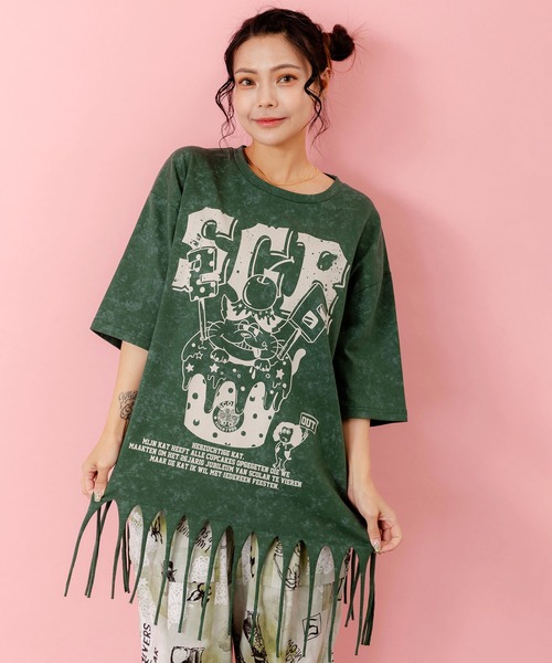 セール】153632：26周年ケーキとネコちゃん柄 フリンジプルオーバー（T