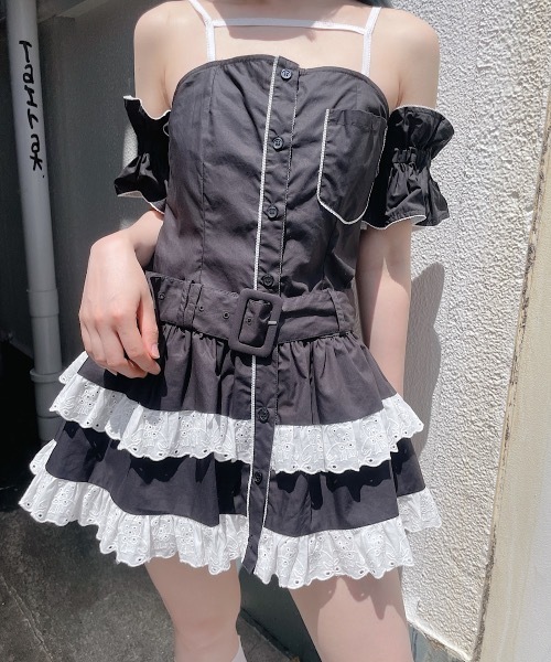 lilLilly（リルリリー）の「フリルシャツベルトキャミワンピ(アームバンドセット)（ワンピース・レディース・ブラック/ホワイト・FREE）」の7枚目の写真