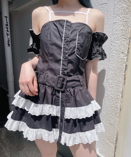 lilLilly（リルリリー）の「フリルシャツベルトキャミワンピ(アームバンドセット)（ワンピース・レディース・ブラック/ホワイト・FREE）」の8枚目の写真