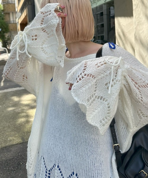 Alley Tokyo(アリートーキョー)の「ドロスト透かしゆるニット(ニット/セーター・レディース・ピンク/グリーン/アイボリー・FREE)」の1枚目の写真