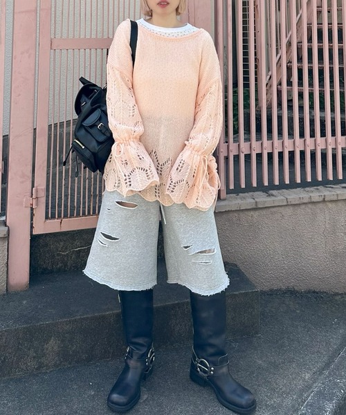 Alley Tokyo(アリートーキョー)の「ドロスト透かしゆるニット(ニット/セーター・レディース・ピンク/グリーン/アイボリー・FREE)」の6枚目の写真