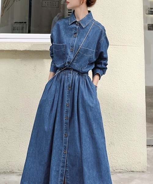 ONEP STAR(ワンピスター)の「ウエストギャザーデニムシャツワンピース(シャツワンピース・レディース・ブルー/ブラック/ダークブルー・MEDIUM/X-LARGE/LARGE)」の4枚目の写真