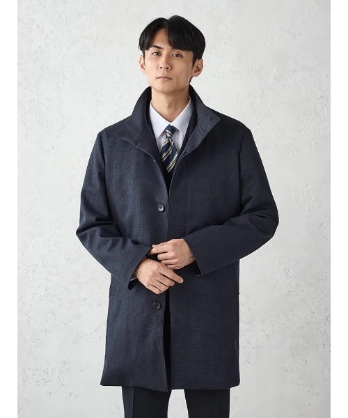 セール】千鳥柄スタンドカラーコート 脱着ライナー付き ブラック