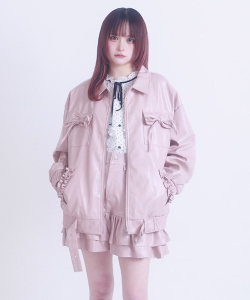 FickleBebe(フィクルベベ)の「フェイクレザーリボンジャケット(ライダースジャケット・レディース・ダークブラウン/ピンク/ブラック・FREE)」の5枚目の写真