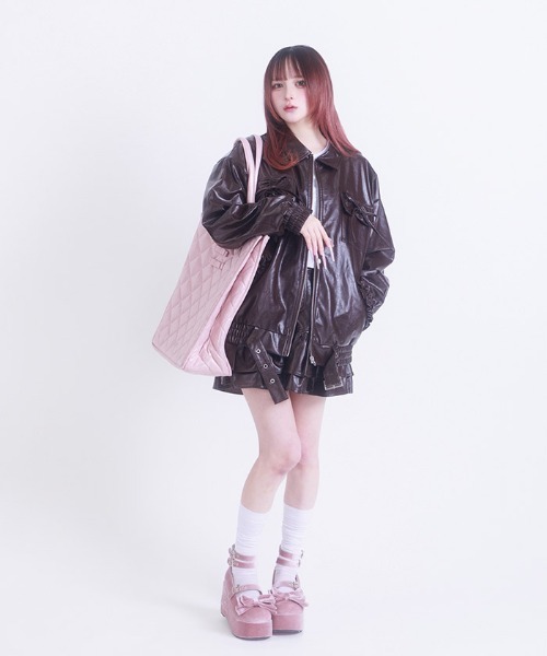 FickleBebe(フィクルベベ)の「フェイクレザーリボンジャケット(ライダースジャケット・レディース・ダークブラウン/ピンク/ブラック・FREE)」の8枚目の写真