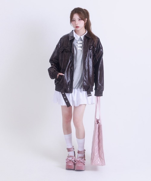 FickleBebe(フィクルベベ)の「フェイクレザーリボンジャケット(ライダースジャケット・レディース・ダークブラウン/ピンク/ブラック・FREE)」の11枚目の写真