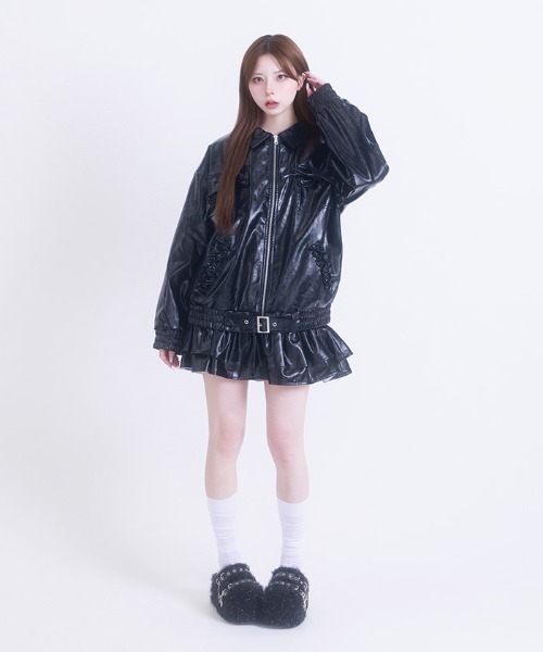 FickleBebe(フィクルベベ)の「フェイクレザーリボンジャケット(ライダースジャケット・レディース・ダークブラウン/ピンク/ブラック・FREE)」の18枚目の写真