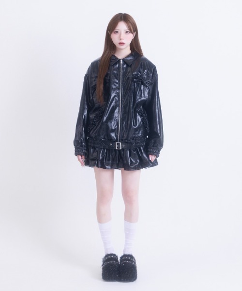 FickleBebe(フィクルベベ)の「フェイクレザーリボンジャケット(ライダースジャケット・レディース・ダークブラウン/ピンク/ブラック・FREE)」の17枚目の写真