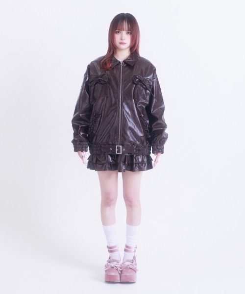 FickleBebe(フィクルベベ)の「フェイクレザーリボンジャケット(ライダースジャケット・レディース・ダークブラウン/ピンク/ブラック・FREE)」の15枚目の写真