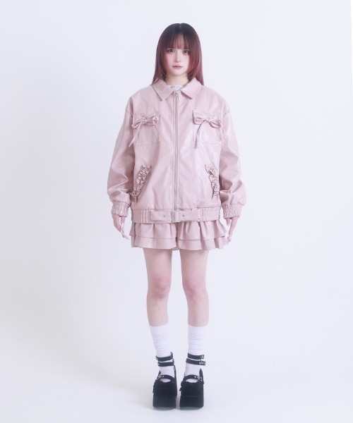 FickleBebe(フィクルベベ)の「フェイクレザーリボンジャケット(ライダースジャケット・レディース・ダークブラウン/ピンク/ブラック・FREE)」の19枚目の写真