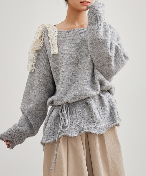 Lace Ladies(レースレディース)の「肩リボン レース シャギー ニット プルオーバー(ニット/セーター・レディース・グレー/チャコールグレー/アイボリー・FREE)」の3枚目の写真