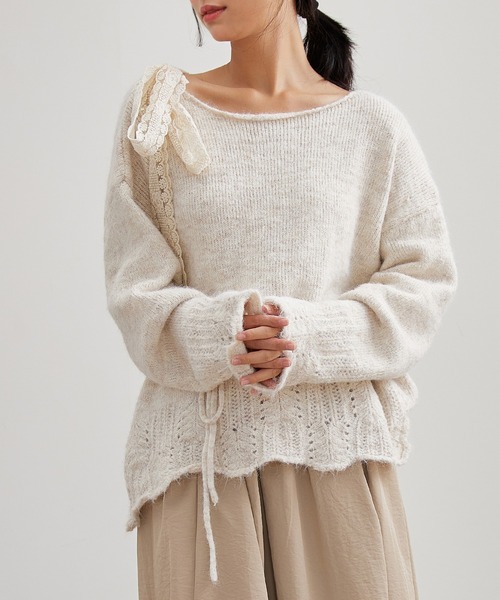 Lace Ladies(レースレディース)の「肩リボン レース シャギー ニット プルオーバー(ニット/セーター・レディース・グレー/チャコールグレー/アイボリー・FREE)」の1枚目の写真