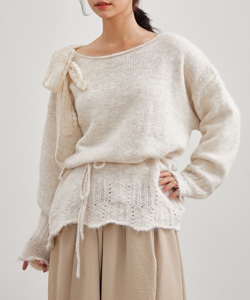 Lace Ladies(レースレディース)の「肩リボン レース シャギー ニット プルオーバー(ニット/セーター・レディース・グレー/チャコールグレー/アイボリー・FREE)」の18枚目の写真