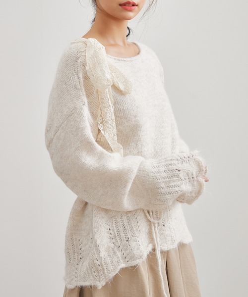 Lace Ladies(レースレディース)の「肩リボン レース シャギー ニット プルオーバー(ニット/セーター・レディース・グレー/チャコールグレー/アイボリー・FREE)」の16枚目の写真
