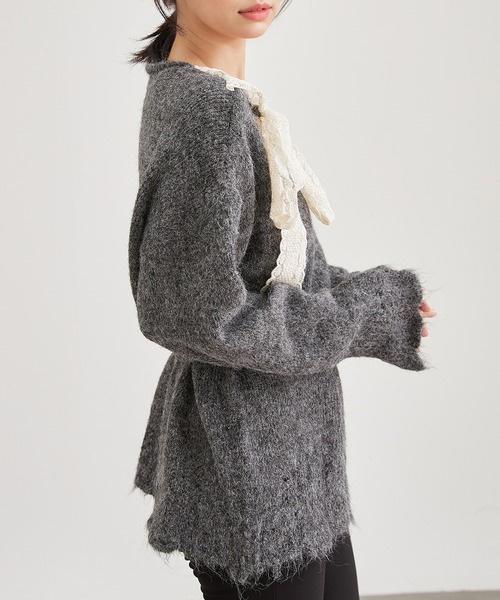 Lace Ladies(レースレディース)の「肩リボン レース シャギー ニット プルオーバー(ニット/セーター・レディース・グレー/チャコールグレー/アイボリー・FREE)」の6枚目の写真