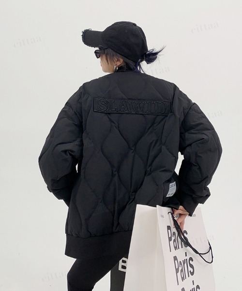 韓国ファッション SLAWIDバックロゴ中綿キルティングブルゾンコート