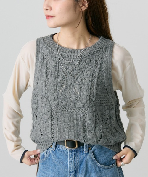 PUAL CE CIN（ピュアルセシン）の「ポップコーン編みニットベスト（ベスト・レディース・オートミール/グレー・FREE）」の16枚目の写真