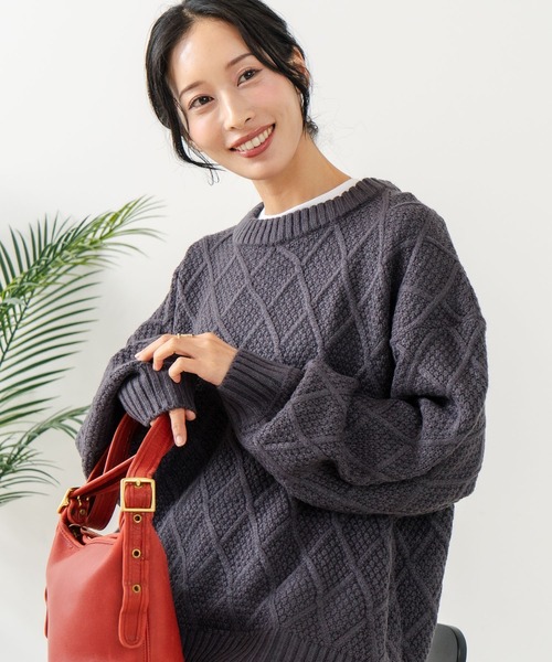 fort point(フォーポイント)の「【C-FORT POINT/フォートポイント】柄編みクルーネックニットプルオーバー(ニット/セーター・レディース・グリーン/アイボリー/チャコールグレー・MEDIUM)」の1枚目の写真