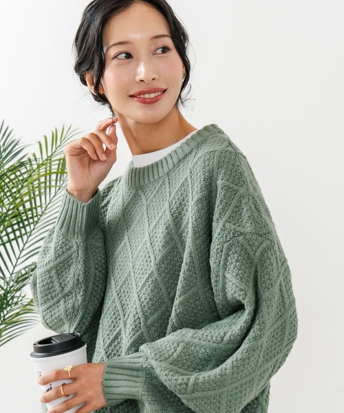 fort point(フォーポイント)の「【C-FORT POINT/フォートポイント】柄編みクルーネックニットプルオーバー(ニット/セーター・レディース・グリーン/アイボリー/チャコールグレー・MEDIUM)」の3枚目の写真
