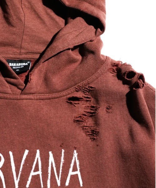 NIRVANA(ニルヴァーナ)の「THRIFTY LOOK スリフティルック / WORN-OUT BAND HOODIE "NIRVANA"(パーカー・メンズ・マルーン・LARGE/XX-LARGE)」の4枚目の写真