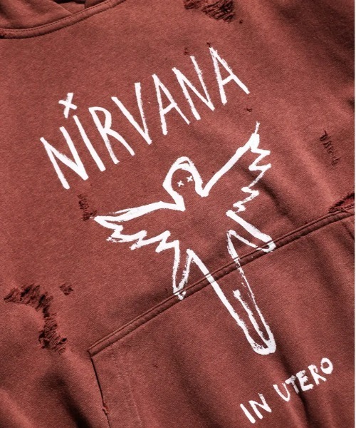 NIRVANA(ニルヴァーナ)の「THRIFTY LOOK スリフティルック / WORN-OUT BAND HOODIE "NIRVANA"(パーカー・メンズ・マルーン・LARGE/XX-LARGE)」の5枚目の写真