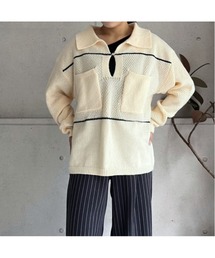 配色ライン キーネックポロニットプルオーバー