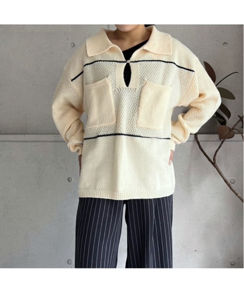 セール】【2025 AW】配色ライン キーネックポロニットプルオーバー