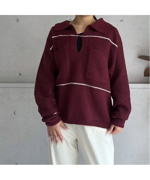 amini（アミニ）の「配色ライン　キーネックポロニットプルオーバー（ニット/セーター・レディース・アイボリー/ボルドー/ネイビー・MEDIUM）」の3枚目の写真
