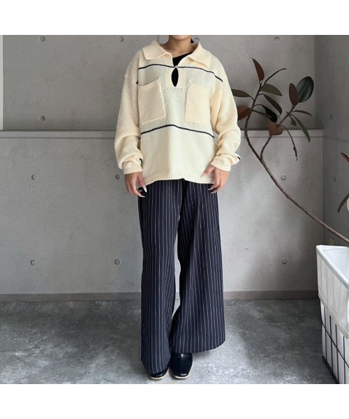 amini（アミニ）の「配色ライン　キーネックポロニットプルオーバー（ニット/セーター・レディース・アイボリー/ボルドー/ネイビー・MEDIUM）」の5枚目の写真