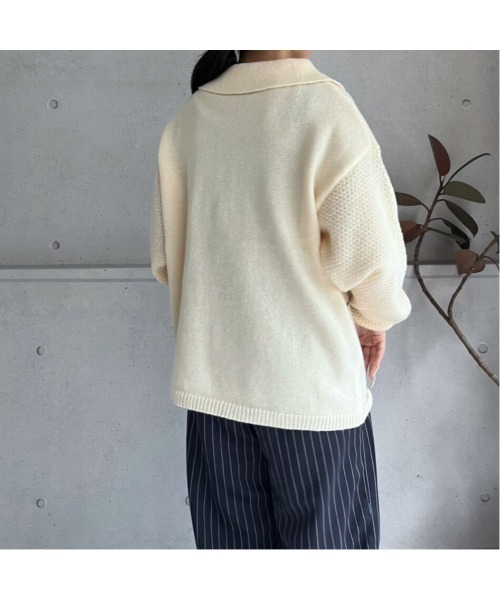 amini（アミニ）の「配色ライン　キーネックポロニットプルオーバー（ニット/セーター・レディース・アイボリー/ボルドー/ネイビー・MEDIUM）」の7枚目の写真