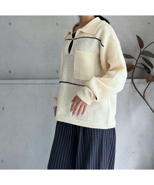 amini（アミニ）の「配色ライン　キーネックポロニットプルオーバー（ニット/セーター・レディース・アイボリー/ボルドー/ネイビー・MEDIUM）」の8枚目の写真
