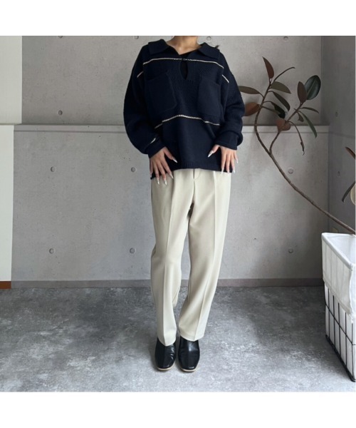 amini（アミニ）の「配色ライン　キーネックポロニットプルオーバー（ニット/セーター・レディース・アイボリー/ボルドー/ネイビー・MEDIUM）」の10枚目の写真