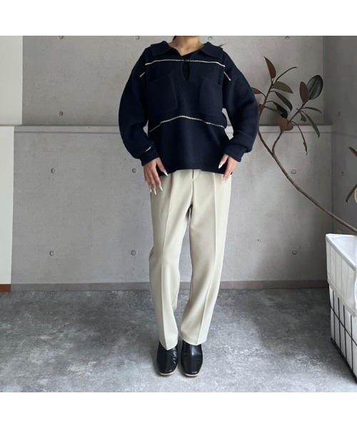 amini（アミニ）の「配色ライン　キーネックポロニットプルオーバー（ニット/セーター・レディース・アイボリー/ボルドー/ネイビー・MEDIUM）」の11枚目の写真