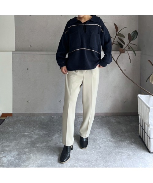 amini（アミニ）の「配色ライン　キーネックポロニットプルオーバー（ニット/セーター・レディース・アイボリー/ボルドー/ネイビー・MEDIUM）」の12枚目の写真