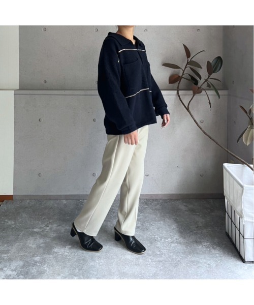 amini（アミニ）の「配色ライン　キーネックポロニットプルオーバー（ニット/セーター・レディース・アイボリー/ボルドー/ネイビー・MEDIUM）」の13枚目の写真