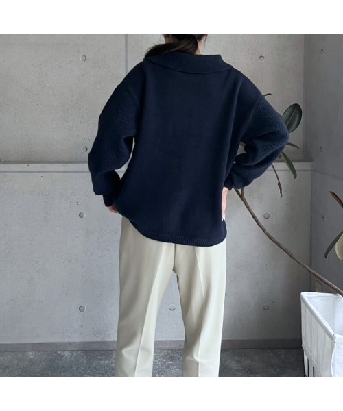 amini（アミニ）の「配色ライン　キーネックポロニットプルオーバー（ニット/セーター・レディース・アイボリー/ボルドー/ネイビー・MEDIUM）」の14枚目の写真