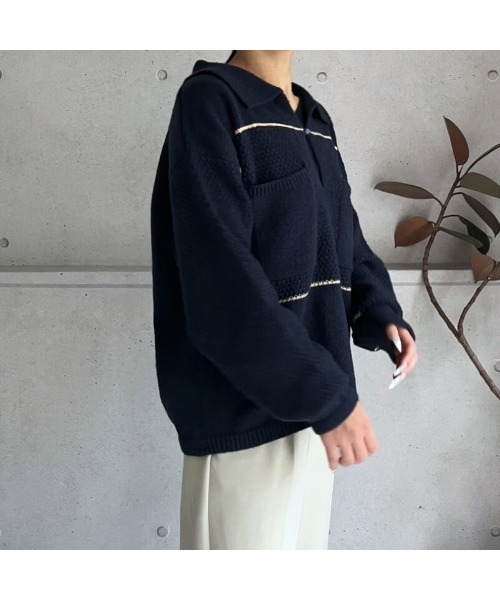 amini（アミニ）の「配色ライン　キーネックポロニットプルオーバー（ニット/セーター・レディース・アイボリー/ボルドー/ネイビー・MEDIUM）」の17枚目の写真