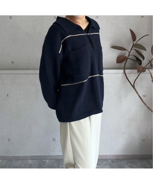 amini（アミニ）の「配色ライン　キーネックポロニットプルオーバー（ニット/セーター・レディース・アイボリー/ボルドー/ネイビー・MEDIUM）」の18枚目の写真