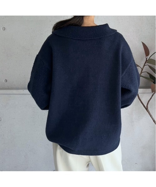 amini（アミニ）の「配色ライン　キーネックポロニットプルオーバー（ニット/セーター・レディース・アイボリー/ボルドー/ネイビー・MEDIUM）」の19枚目の写真