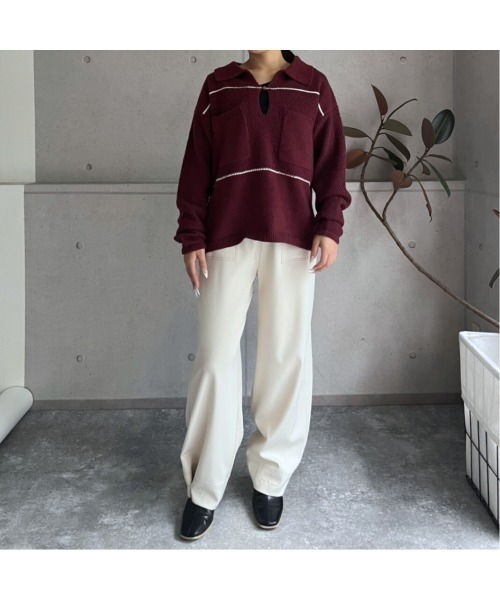 ami ニットポロ　2025 spring セール】【2025 AW】配色ライン キーネックポロニットプルオーバー