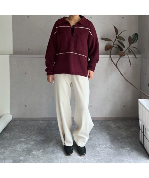 セール】【2025 AW】配色ライン キーネックポロニットプルオーバー