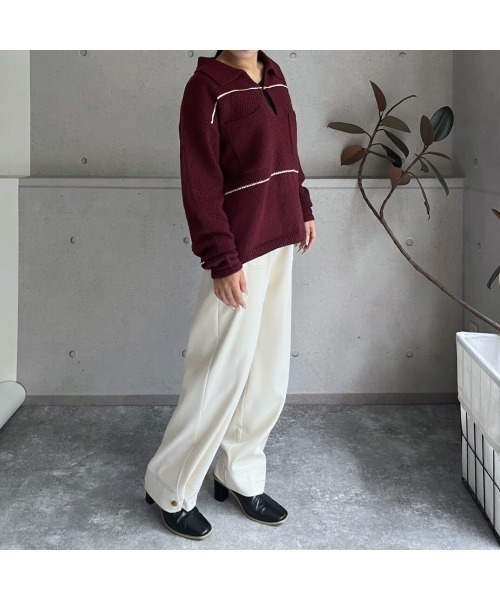 セール】【2025 AW】配色ライン キーネックポロニットプルオーバー