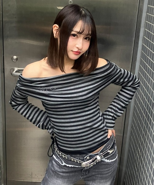レディース グレー ドット柄 オフショルダーシャツ
