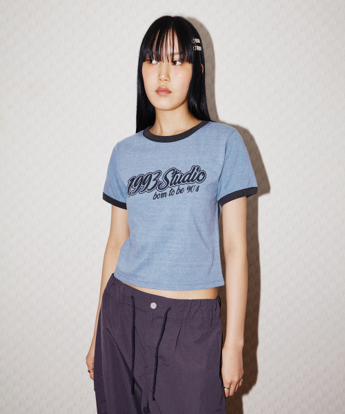 1993STUDIO(1993スタジオ)の「レタリングリングクロップTシャツ_ヴィンテージブルー(Tシャツ/カットソー・レディース・その他・FREE)」の2枚目の写真