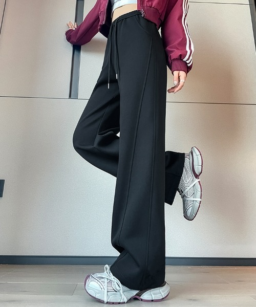 HANDO(ハンド)の「センターラインスウェットワイドパンツ/美脚リラックスジャージーパンツ(スウェットパンツ・レディース・ネイビー/チャコール/カーキ/ワイン/アイボリー/ブラック/グレー・S/M/L/XL/XXL)」の1枚目の写真