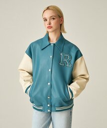 (UNISEX)9111 VARSITY LEATHER JACKET_SKY BLUE
