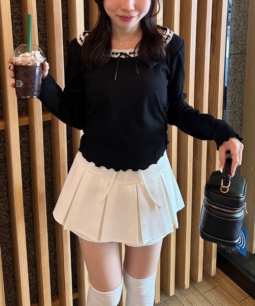 continuer de NICE CLAUP（コンティニューデナイスクラップ）の「衿レースリボンテレコトップス（Tシャツ/カットソー・レディース・その他11/ドット/アイボリー/ブラック・FREE）」の3枚目の写真