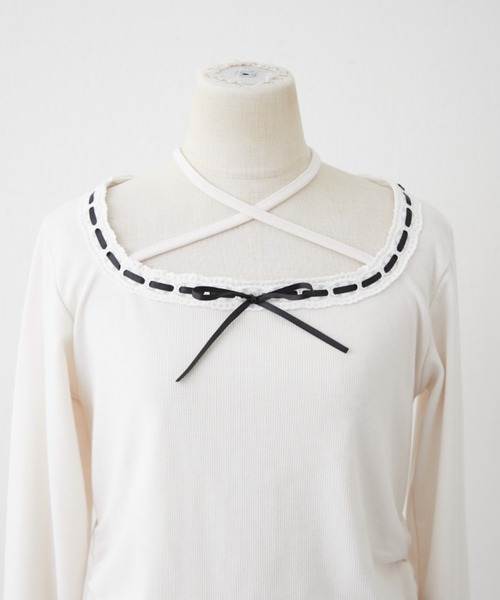 continuer de NICE CLAUP（コンティニューデナイスクラップ）の「衿レースリボンテレコトップス（Tシャツ/カットソー・レディース・その他11/ドット/アイボリー/ブラック・FREE）」の8枚目の写真